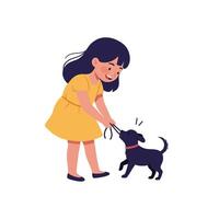 Happy girl playing with her dog in a cheerful flat illustration vector
