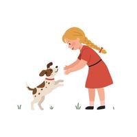 Girl joyfully playing with a dog in a flat, minimal art style vector