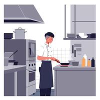 Chef preparing a meal in a modern kitchen with flat design art vector