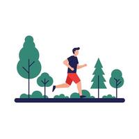 Runner in a Green Landscape with Trees in Flat Art Style vector