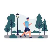 Man jogging in a park with trees and a lamp in flat illustration vector