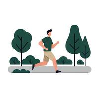 Running man in a park with trees in flat art style illustration vector