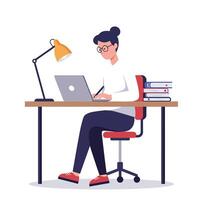Person working at a desk with laptop and books in flat art vector
