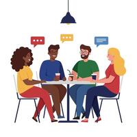 Group of four friends engaging in conversation at a table in flat art vector
