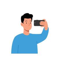 Young man taking a selfie with a smartphone in flat illustration vector