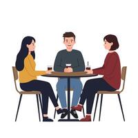 Three friends enjoying conversation in a cozy setting, flat illustration vector
