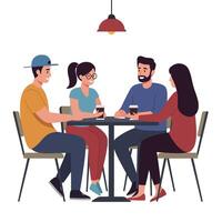 Group of friends enjoying coffee at a table in flat art vector