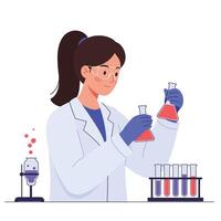 Scientist in lab coat conducting experiments with flasks in flat illustration vector