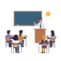 Teacher presenting a lesson in a classroom with flat illustration style art vector