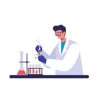 Scientist conducting experiments with colorful liquids in flat design art vector