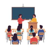 Classroom interaction featuring a teacher and student in minimal illustration style art vector
