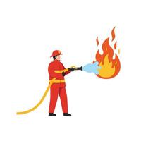 Firefighter extinguishing flames in flat illustration style for emergency services art vector