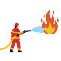 Firefighter in action using hose to extinguish flames in flat art vector