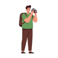 Person holding a camera with backpack in flat art style vector