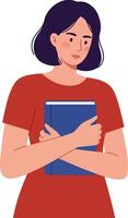 Woman holding a book with a thoughtful expression in flat illustration vector