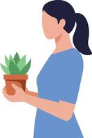 Woman holding a potted plant in a flat minimal illustration vector