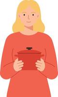 Woman holding tablet in minimal design style, showcasing engaging digital interaction art vector
