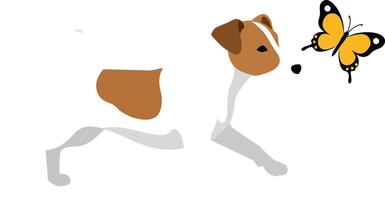 Dog chasing butterfly in playful motion with flat design style art vector