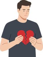 Man holding broken heart symbol in flat, minimal design art vector