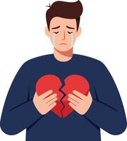 Man holding a broken heart in a minimal and emotional illustration vector