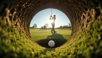 A golf ball is in the hole of a hole photo