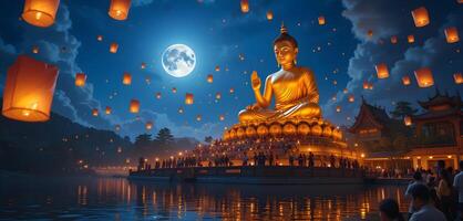 A full moon over a lake with paper lanterns floating in the water photo
