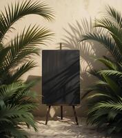 An easel with a black board in front of palm trees photo