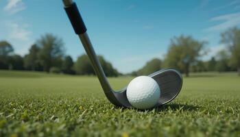 Golf ball and club on grass with trees in background photo