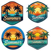 summer set of four badges with palm trees and sunset vector