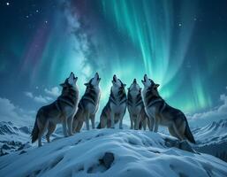 Four wolf howling at the aurora borealis photo