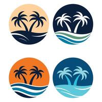 four different palm tree logos with waves and water vector