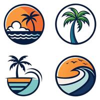 four different logos for a beach, palm tree and waves vector