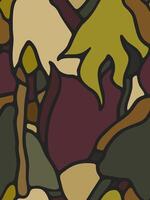 Seamless pattern with hand drawn abstract shapes in green, burgundy and ochre tones outlined in black vector