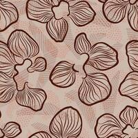 Seamless pattern with brown hand drawn line flowers and striped beige boomerang shapes on light background vector