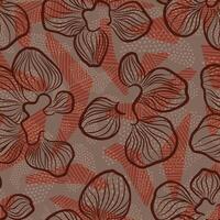 Seamless pattern with dark brown line flowers, striped orange shapes and soft dotted textures on cocoa beige background vector