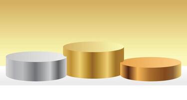 Three Competition Matte Round Podium Winner Platform or Product Display with Gold Silver Bronze Color vector