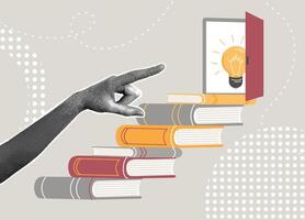 Trendy halftone collage. Path to enlightenment. Books lead to a bright future through education and knowledge. Learning concept for new opportunities,wisdom,knowledge,education vector