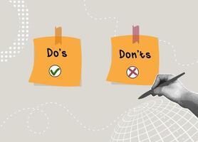Trendy halftone collage. Do's and Don'ts. A Guide to Success. Concept of wrong and right to-do list, business development strategy, Do's and Don'ts checklist,positive suggestions vector