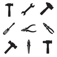Black silhouette illustration of toolset including saw chisel drill hammer trowel wrench screwdriver axe and pliers for repair symbol or builder toolkit icon designs vector