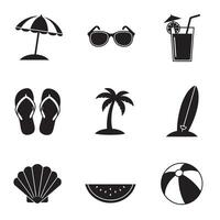 Holiday icon set in silhouette style showing summer elements such as sun surfboard beach umbrella cocktail palm tree and wave symbols vector