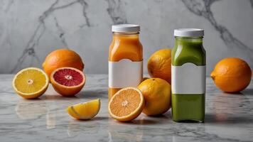 Fresh citrus juices displayed on marble surface with vibrant fruits in a pleasant kitchen setting photo