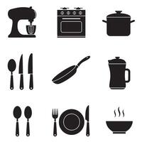 Silhouette and flat kitchen icons of common tools like spoon fork knife spatula ladle whisk tongs and tray for culinary branding and restaurant graphics vector