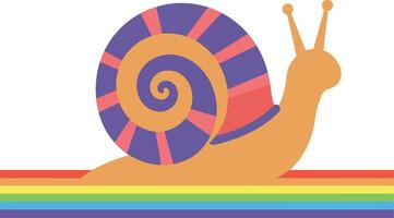 Colorful snail with a spiral shell on a rainbow stripe in flat art vector