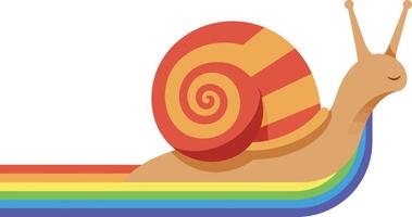 Colorful snail with spiral shell sliding on a vibrant rainbow stripe in flat art vector