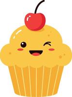 Cheerful yellow cupcake with a cherry on top in flat art vector