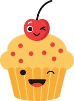 Cute smiling cupcake with a cherry on top in flat art vector