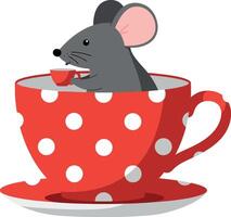 A cute grey mouse sitting inside a large red polka-dot teacup in flat art vector