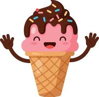 Happy ice cream cone character with chocolate topping and colorful sprinkles in a flat illustration vector