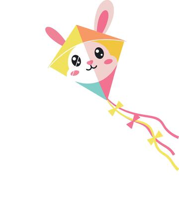 Cute bunny-shaped kite flying high in a clear sky, minimal style illustration