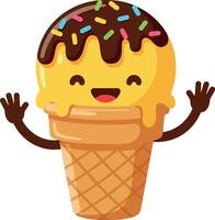 Happy cartoon ice cream cone character with chocolate topping and colorful sprinkles in flat art vector